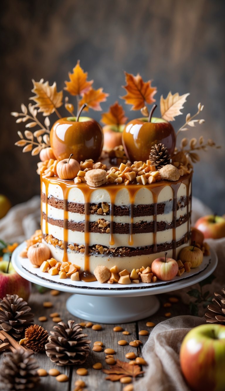 A caramel apple cake with toffee bits and caramel drizzle on a wooden table decorated with autumn leaves and pinecones.